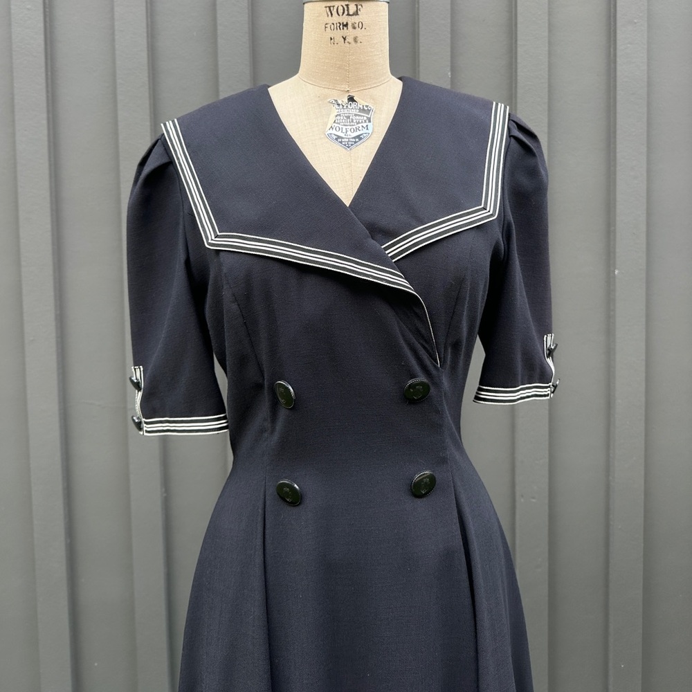 Vintage 1980s “American Design” Black Sailor Fuku Collar Short Sleeve Maxi Dress - Picture 3 of 15